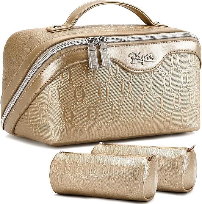 BOYATU Travel Makeup Bag for Women: Cosmetic Organizer Bag with Compartments - Leather Make up Bags Set of 3 (Gold Yellow)