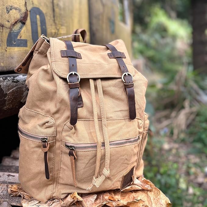 AUGUR High Capacity Canvas Vintage Backpack - for Hiking Travel 12-15.6" Laptop Backapcks for Men Casual Daypacks Rucksack(L-Khaki)