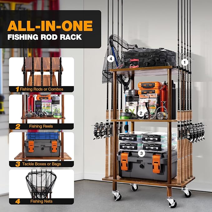 Ghosthorn Fishing Rod Holders for Garage Fishing Pole Rack Hold up to 10 Rods Fishing Pole Holders Wooden Organizer Fishing Rod Rack car Fishing Gear Storage Equipment (3 Tier)