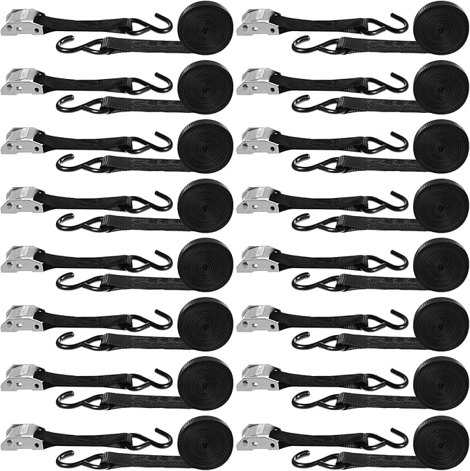 16 Pcs Cambuckle Tie Down Straps 1763lbs Break Strength Securing Straps 1'' x 15 ft Cambuckle Tie Downs with S Hook for Motorcycle, Kayak, Car, Truck, Boat Moving, Securing Cargo(Black)