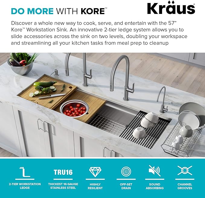 KRAUS Kore 57-inch Undermount Workstation 16 Gauge Single Bowl Stainless Steel Kitchen Sink with 10 Accessories, KWU210-57