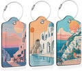Vintage Sunset Light 3 PCS Luggage Tags, Sunset Seaside Town Leather Suitcase Tags with Privacy Cover Name Address Labels and Durable Steel Loop for Men/Women Travel Bag Suitcases