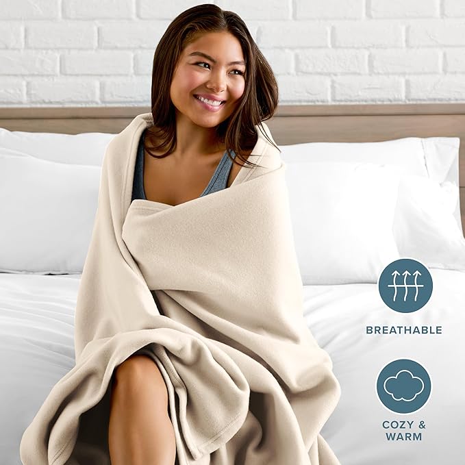 Bare Home Polar Fleece Blanket - Throw - Sand - Warm & Cozy - Premium Fleece - Blanket for Bed, Sofa, Camping, Travel and Cold Nights - Lightweight (Throw, Sand)