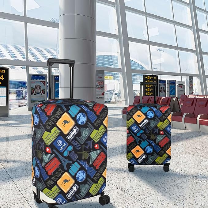 Explore Land Travel Luggage Cover Suitcase Protector Fits 23-26 Inch Case (Bon Voyage, M)