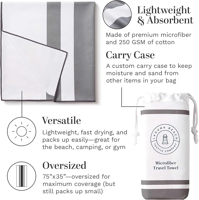 Gray Microfiber Beach Towel by Laguna Beach Textile Co - Sand Free, Light Weight Striped Pool Towel - Perfect for Yoga, Gym, Beach, Pool - Extra Large, 35" x 75" - Quarry Gray