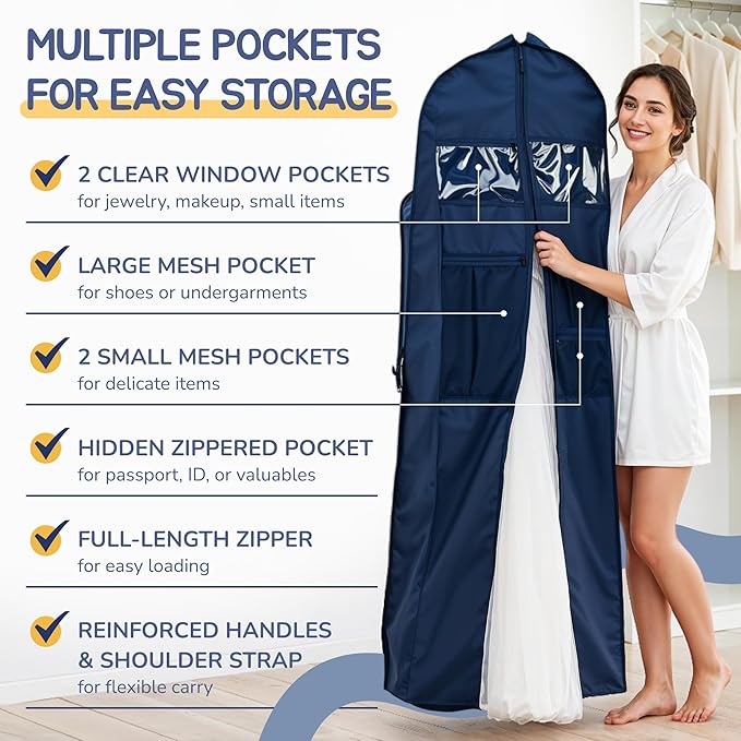 Sturdy Oxford polyester fabric - 72" Wedding Dress Garment Bag - Shoulder Strap - Accessory Pockets - Attaches to Suitcase – Waterproof – Trifold – Designed for Full Skirts – Carry Handle