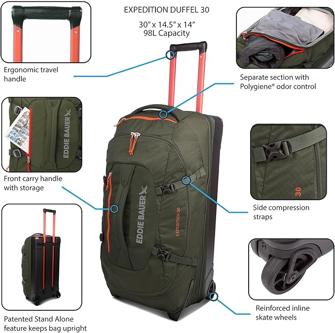 Eddie Bauer Expedition 30 Duffel 2.0 - Lightweight Travel Luggage Made From Rugged Polycarbonate and Nylon, True Blue