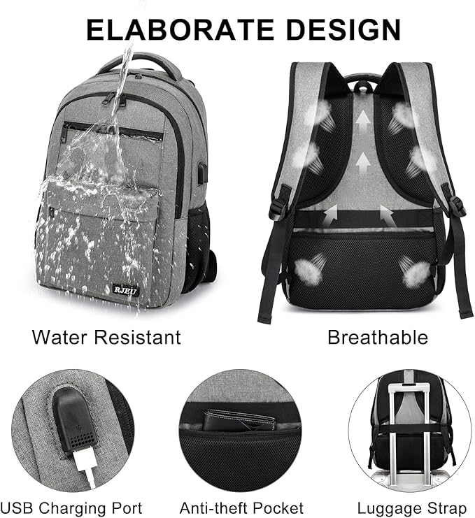 School Backpack for Teen Boys & Girls Students, 15.6 Inch Laptop Backpack with USB Charging Port - College Business Travel Bookbag, Grey