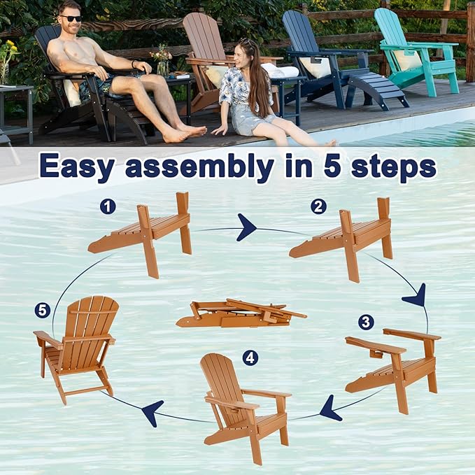 Folding Adirondack Chair - Extended Ergonomic Backrest, Cup Holder - Easy Assembly - Durable HDPE Plastic, Weather Resistant & Maintenance-Free - Lawn, Patio, Deck Supports 400lbs Teak