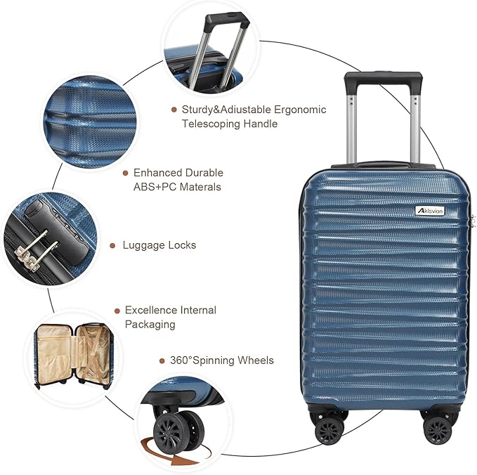 Carry on luggage 20 In suitcase with Spinner Wheels ABS & PC Hardside Luggage(Navy)