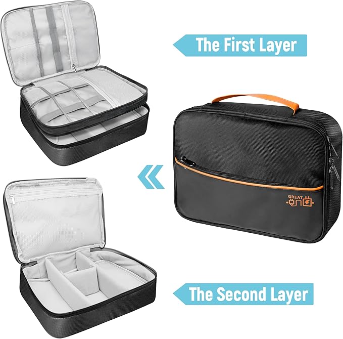Electronics Travel Organizer, Large Double Layer Portable Waterproof Travel Organizer Bag for Charging Cable Storage, Ipad, Power Bank, Business and School ,5pcs Cable Ties-Black