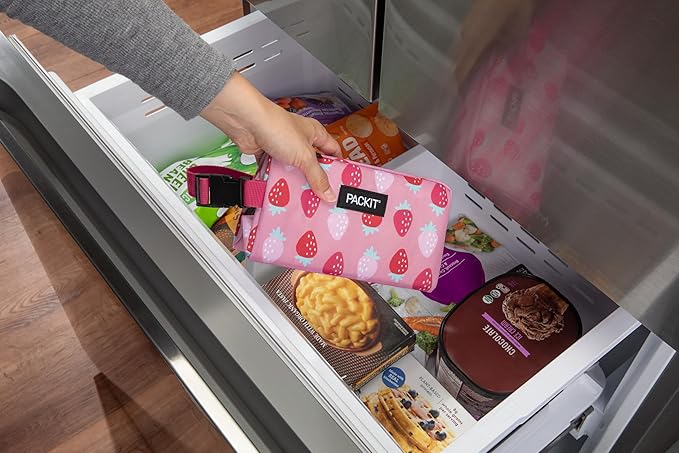 PackIt Freezable Snack Box, Sweet Strawberry, Built with ECOFREEZE Technology, Collapsible, Zip Closure with Buckle Handle, Designed For Work Snacks, Fresh Snacks On the Go, Adults, and All Ages