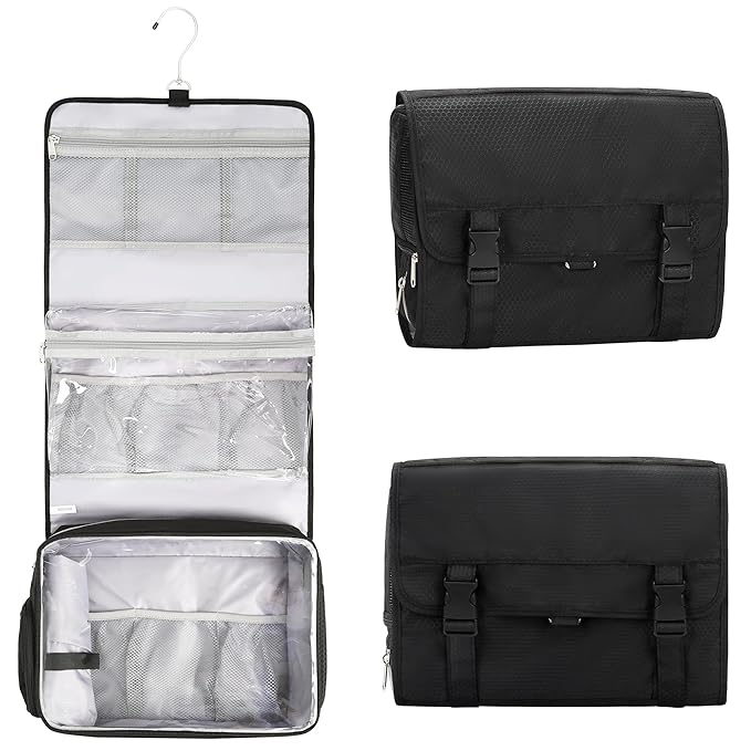 Relavel Hanging Toiletry Bag with Shoes Pocket, 360° Hook Travel Cosmetic Organizer, Waterproof, Multi-function for Makeup and Toiletries, Portable Storage Bag for Gym, Camping, Travel - Black