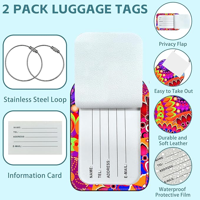 Colorful Mandala Luggage Tag for Suitcase Set of 2 PU Leather Cute Luggage Tags with Stainless Metal Loop ID Label Privacy Flap Suitcase Tags for Women and Men Travel