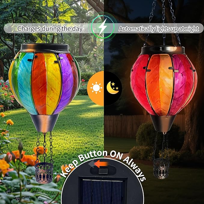 Colorful Hot Air Balloon Solar Lantern with Flickering Flame Light Glass Hanging Solar Lanterns Outdoor Waterproof for Garden Tree Yard Patio Party Decor