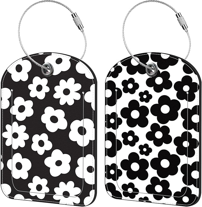 Vintage Groovy Flowers Luggage Tag for Suitcase Set of 2 PU Leather Cute Luggage Tags with Stainless Metal Loop ID Label Privacy Flap Suitcase Tags for Women and Men Travel