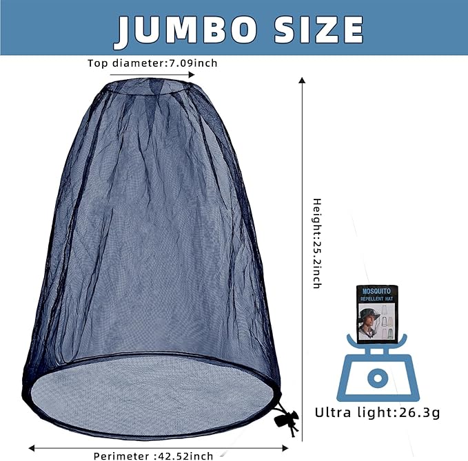 Oversized Mosquito Net 42 x 25 Inches Ultra Large Mosquito Head Net Face Neck Fly Mesh Netting Fits All Hats for Outdoor Camping Hiking Fishing Gardening Safari(Navy Blue)