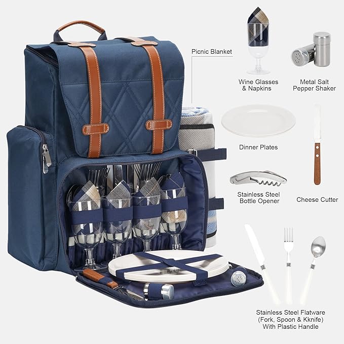 Picnic Backpack for 4 Person with Large Insulated Cooler Bag, Picnic Basket Set with Wine Pouch, Waterproof Picnic Blanket & Cutlery Set. Perfect for, Camping, Party,Wedding Gift for Couple,Blue