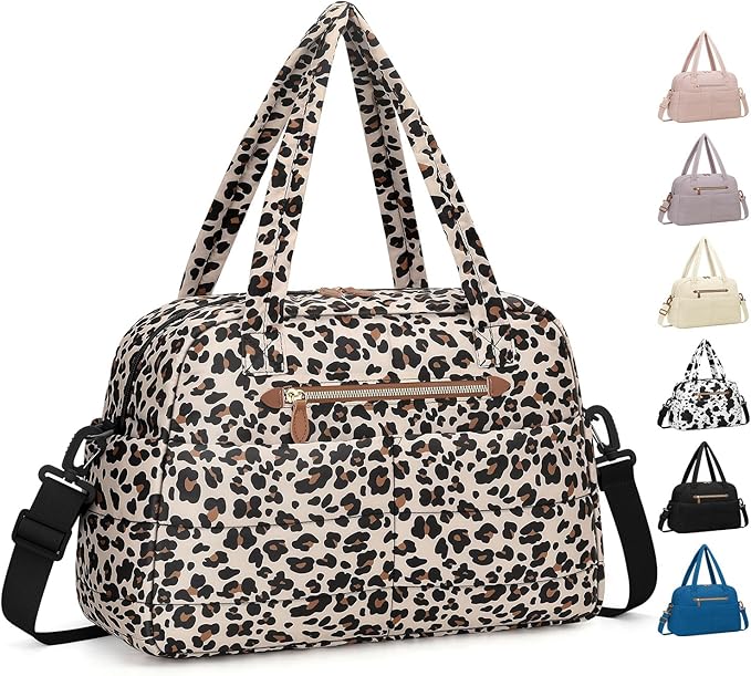 Travel Duffle Bag,Puffer Carry On Duffel Bag with Laptop Compartment Waterproof Overnight Weekender Bags for Women Large Hospital Tote Bags for Labor and Delivery(Medium,Leopard)