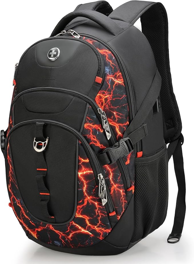 Swissdigital Laptop Backpack with USB Charging Port, Travel Backpack Fits 15.6 inches Computer, 31L Backpack for Men, Flame Red | SD803