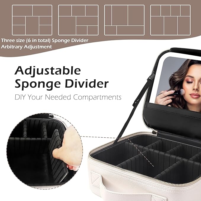 MOMIRA Travel Makeup Bag Cosmetic Bag Makeup Organizer Bag with Lighted Mirror, Adjustable Brightness in 3 Color Scenarios, Waterproof Makeup Train Case, Gift for Women - Khaki