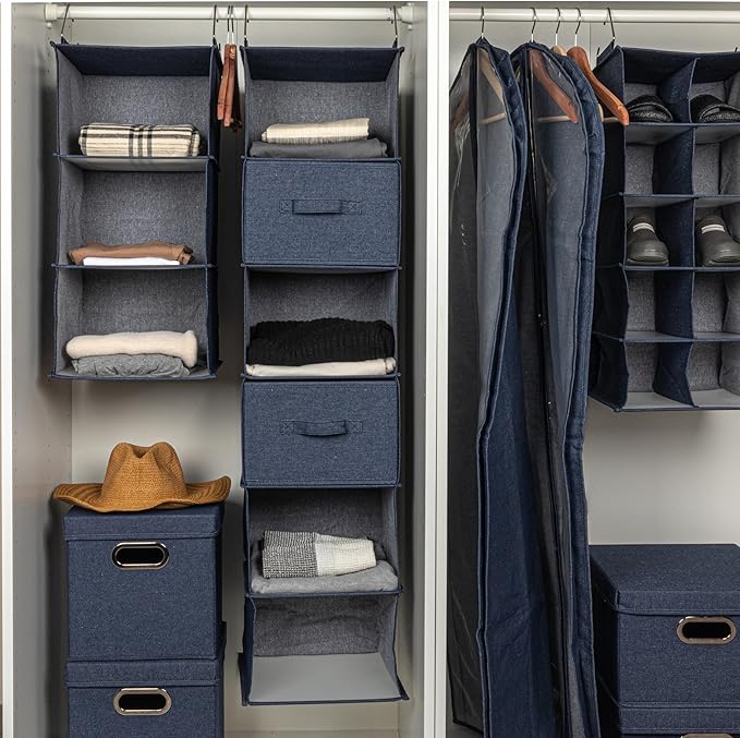 Household Essentials Hanging Cotton Blend Closet Organizer with 3 Storage Shelves, Denim