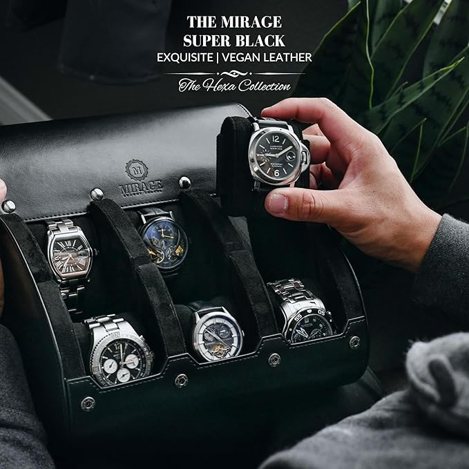 Black Watch Case for Men - 6-watch Roll Travel Case by Mirage - Super Black motif design