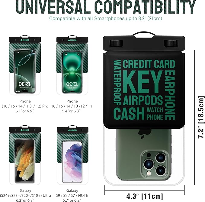 Universal Waterproof Phone Pouch [Double Space] IPX8 Dry Bag with Lanyard for iPhone 16 15 14 13 12 Pro Max XS XR X Galaxy S25 S24 S23 Ultra, Fit All Phones Up to 8'', Black/Green