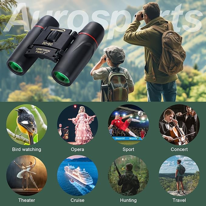 30X60 Small Binoculars for Adults Folding Bird Watching - Aurosports Mini Compact Binocular for Kids High Power Easy Focus Binoculars for Travel Hunting