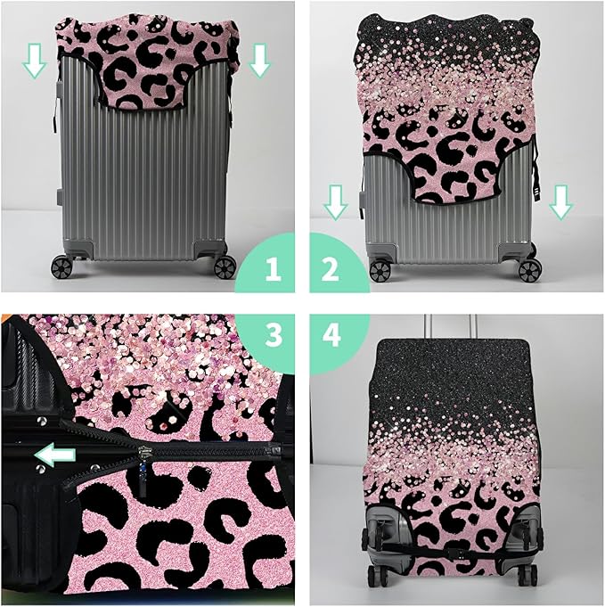 Luggage Cover + Tag, Pink Leopards Travel Suitcase Cover for 18-20 inch Luggage (S) with Concealed Zipper, Washable Elastic Cloth, Dustproof, Anti-Scratch