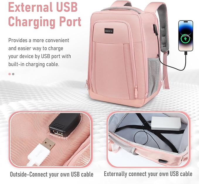 Travel Backpack, Business Anti Theft Slim Sturdy Laptops Backpack with USB Charging Port, Water Resistant College School Laptop Bag for Men & Women Fits 15.6 Inch Notebook,Pink