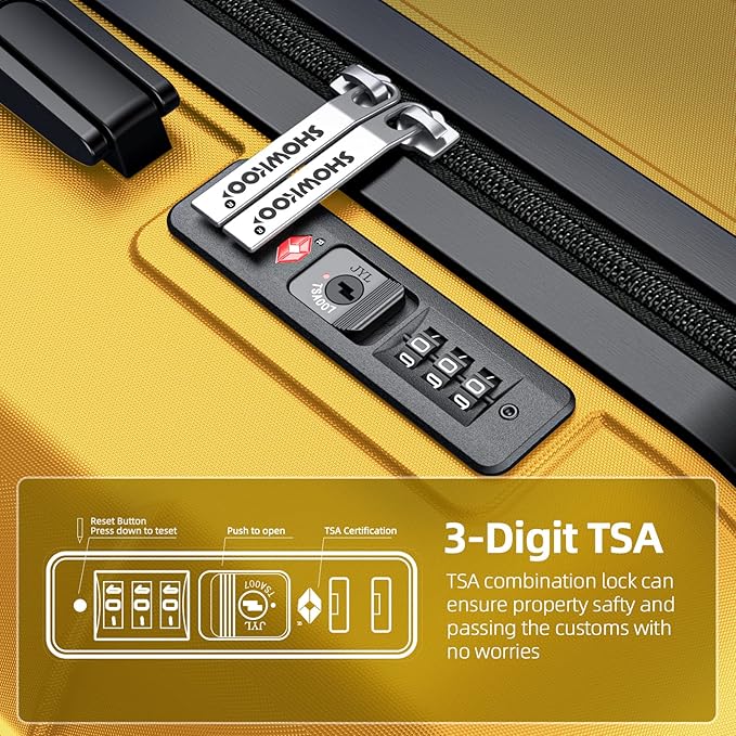 SHOWKOO Luggage Sets Expandable PC+ABS Durable Suitcase Sets Double Spinner Wheels TSA Lock Yellow 3pcs