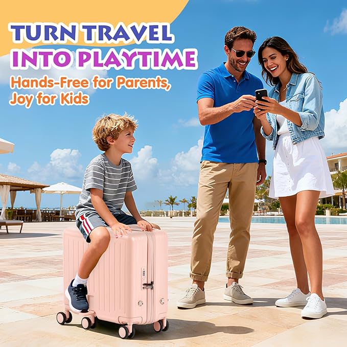 Kids Ride-On Luggage, 20" Hardshell Carry-On Suitcase with 6 Spinner Wheels, Foldable Pedal, Hidden Cup Holder & Combination Lock for Toddlers & Children (Pink, 20-inch)