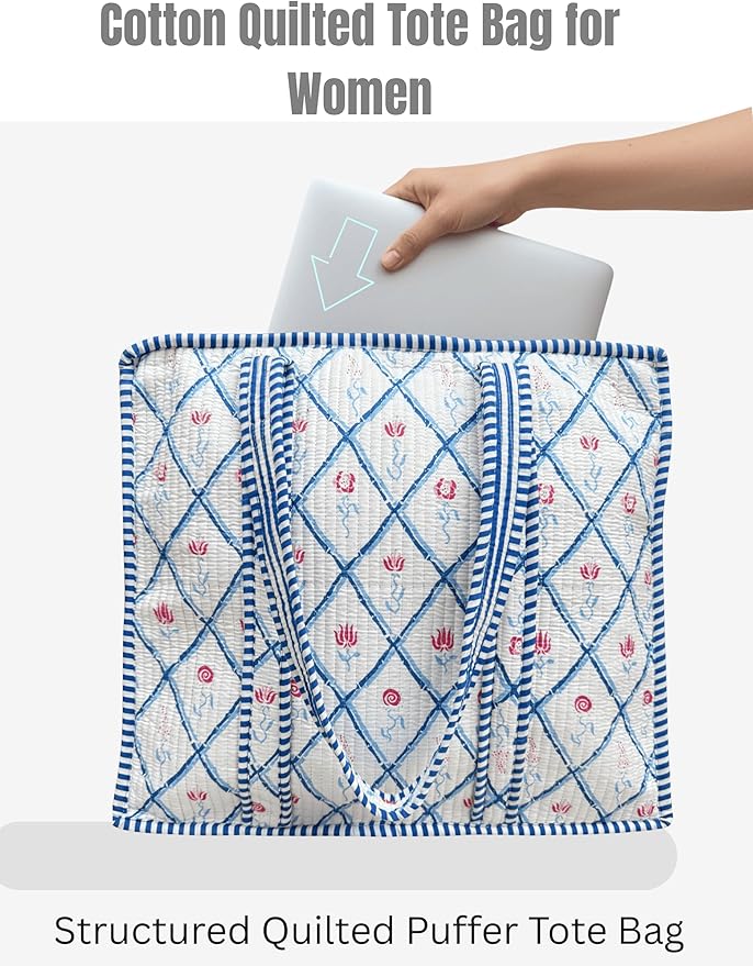 Cotton Quilted Tote Bag for Women – Large Beach & Travel Tote with Zipper, Reusable Grocery Bag