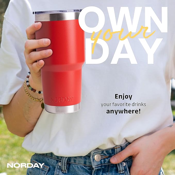 NORDAY | Tumbler with Lid - 30oz - Red Insulated Tumbler - Stainless Steel Tumblers - Double Wall Vacuum Insulated Travel Coffee Mug for Car Cup Holder - Keeps Temperature for 24hr - Anti Spill Lid