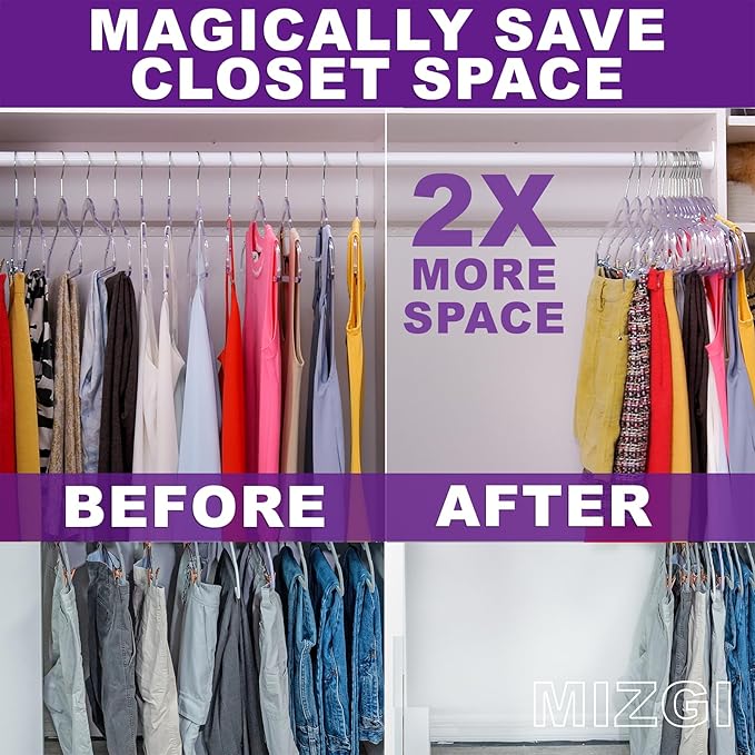 MIZGI 50 Pack Clear Plastic Hangers - Premium Thick Invisible Space Saving Hanger with 360° Swivel Hook, Ultra Slim Hangers for Suits, Dresses, Shirts, Coats & Pants
