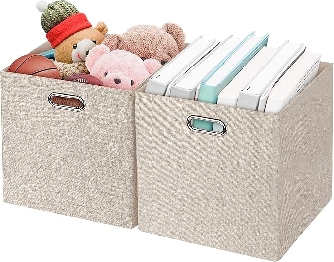 Foldable Storage Bins,13×13 Storage Cubes Basket Containers for Shelf Cabinet Bookcase Boxes,Thick Fabric Drawers - Set of 2, Beige