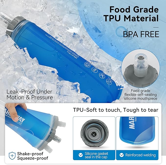 MARCHWAY Soft Hydration Flask with Wide Mouth, 300ml/500ml Collapsible TPU Water Bottle, Leakproof Portable Flexible for Running, Hiking, Cycling, Climbing, Gym, Travel (2pcs Dark Blue 500ml)