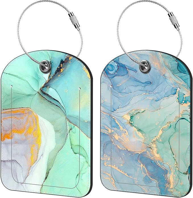 Emerald Marble Luggage Tag for Suitcase Set of 2 PU Leather Cute Luggage Tags with Stainless Metal Loop ID Label Privacy Flap Suitcase Tags for Women and Men Travel