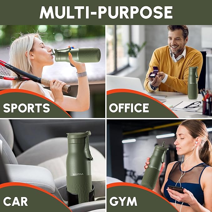 Insulated Stainless Steel Water Bottles with Straw, Wall Vacuum Insulated Water Bottle for Gym Traveling Camping Hiking Outdoor Activity(2 Cleaning Brushes+1 Carabiner, 18 oz Green)