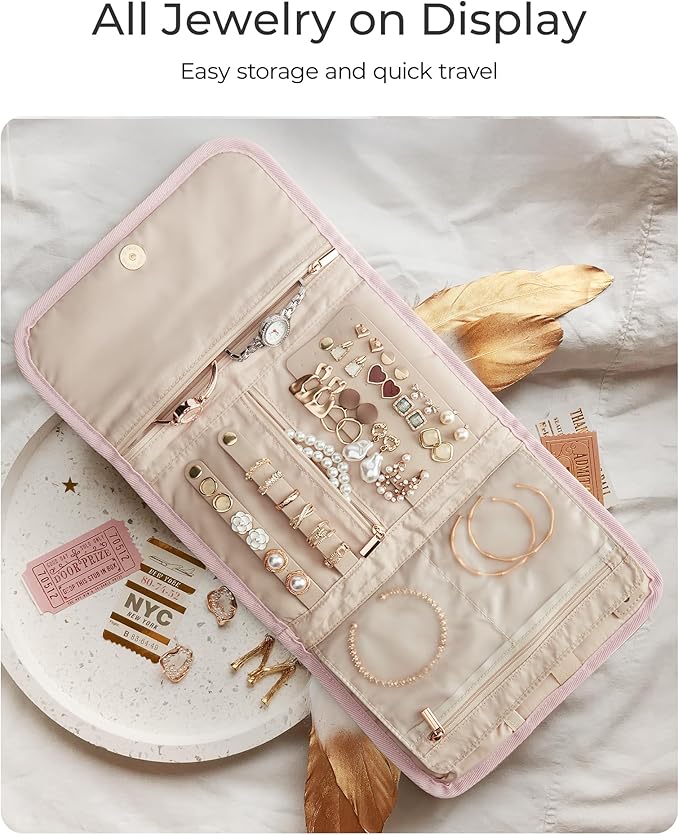 BAGSMART Travel Jewelry Organizer Case, Foldable Jewelry Roll for Necklaces, Earrings, Journey-Rings, Bracelets, Brooches, Portable, Pink