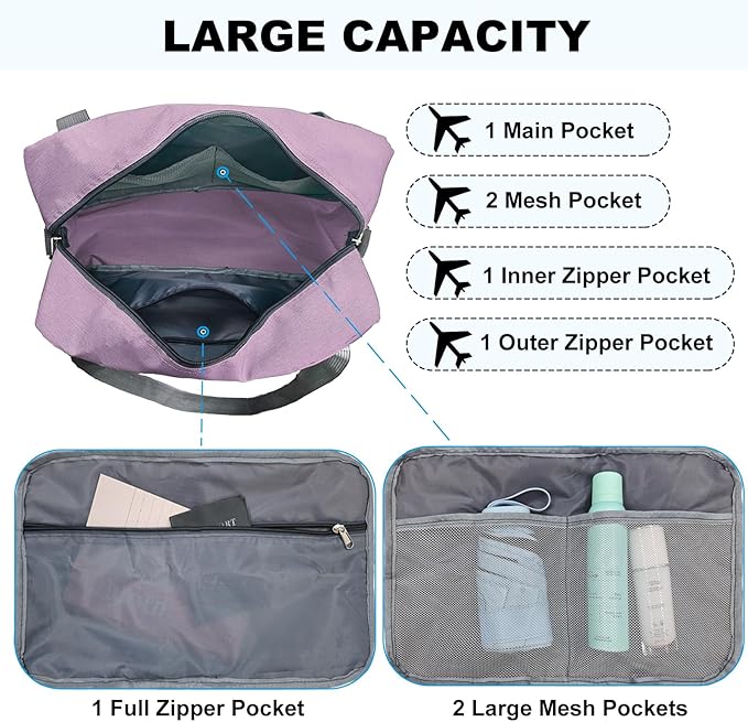 15 Inch Small Carry On Bags for Airplanes Spirit Airlines Personal Item Bag Underseat Foldable Travel Duffle Gym Bags for Women Men(20L,Purple)