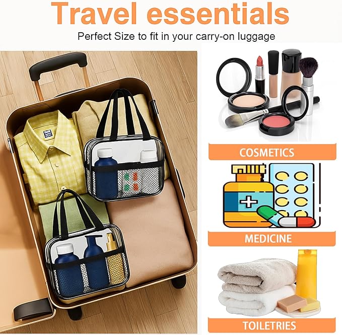 XEWEA 2PCS Small TSA Approved Clear Travel Toiletry Bags for Men Women,Transparent Makeup Cosmetic Bag with Handle,Waterproof PVC Quart Organizer Storage Pouch for Toiletries Airline Essential, Balck