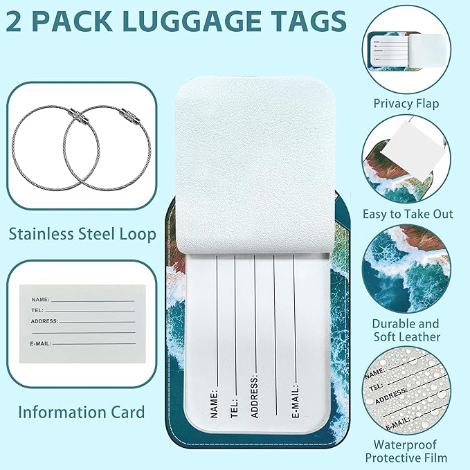 Sandy Beach Wave Luggage Tag for Suitcase Set of 2 PU Leather Cute Luggage Tags with Stainless Metal Loop ID Label Privacy Flap Suitcase Tags for Women and Men Travel