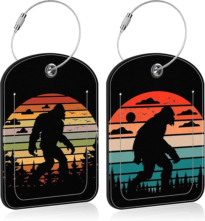 2 Pack PU Luggage Tags for Suitcase, Sasquatch Sunset Suitcase Tag Leather ID Label Bag Tags with Privacy Cover and Metal Loop for Men Women Travel Bag