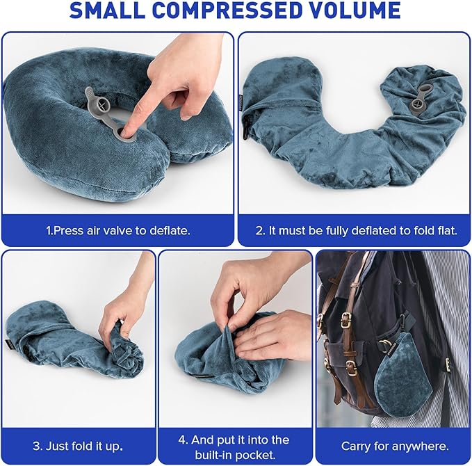 Rewondah Neck Pillows for Travel, Inflatable Travel Pillow, Inflatable Neck Pillow for Traveling Airplane with Soft Velour Washable Cover, U Shape Blow Up Neck Pillow for Airplanes Train Car Travel