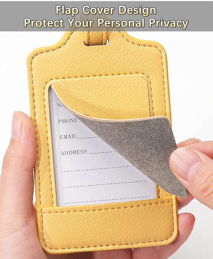 Teskyer Luggage Tags, 3 Pack Premium PU Leather Luggage Tags for Suitcases, Privacy Protection Travel Bag Tags, Lichee Yellow