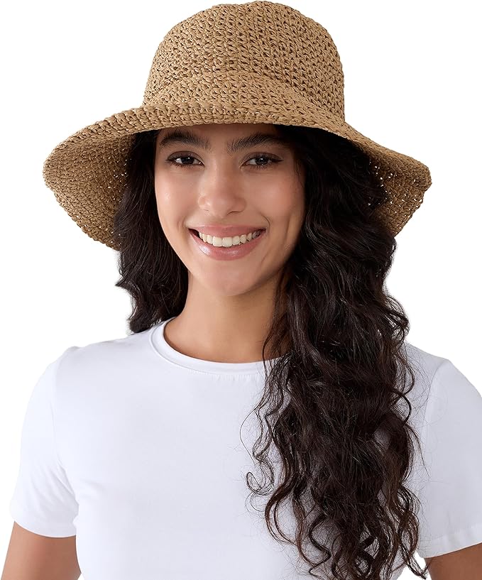Womens Wide Brim Straw Sun Hat Foldable Floppy Crochet Beach Hat for Summer