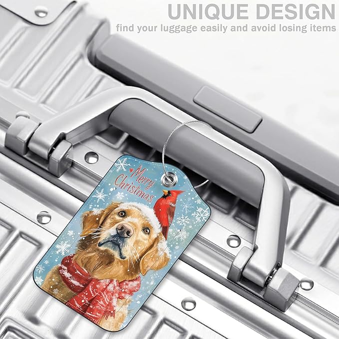 Christmas Dog and Red Cardinal Bird Set of 2 Luggage Tags for Suitcases Leather Suitcase Tags Identifiers with Privacy Name Label and Stainless Steel Loop for Women Men Travel Luggage Accessories