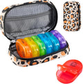 Serfeymi Weekly Travel Pill Organizer 2 Times A Day AM PM Upgraded Rainbow Pill Box 7 Day with Portable Zipper PU Leather Pill Case, Medicine Organizer for Pills, Vitamins, Fish Oils - Brown 02